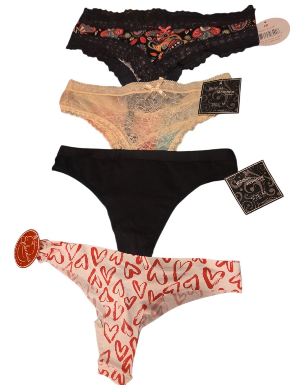 Lace-Trim Thong Pack - Black, Cream, White with Red Hearts, Paisley